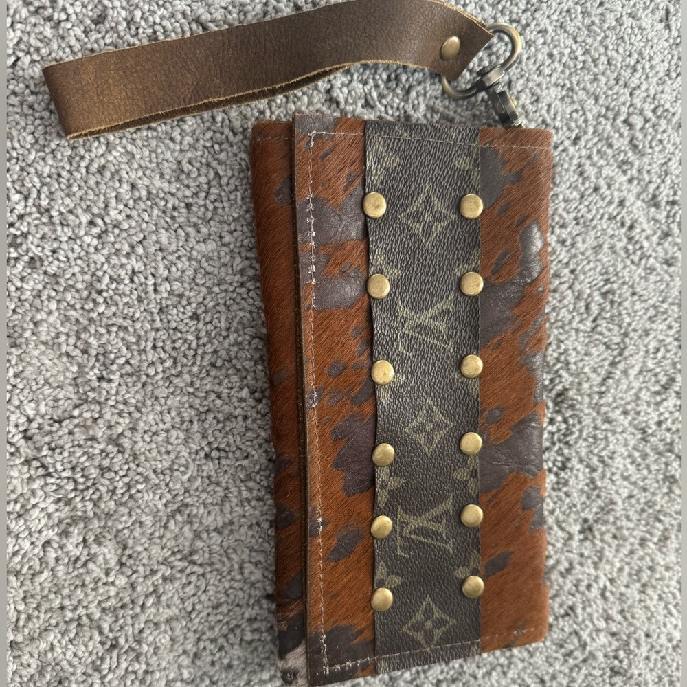 Upcycled Designer LV Tri-fold Leather Hair On hide Wallet Wristlet